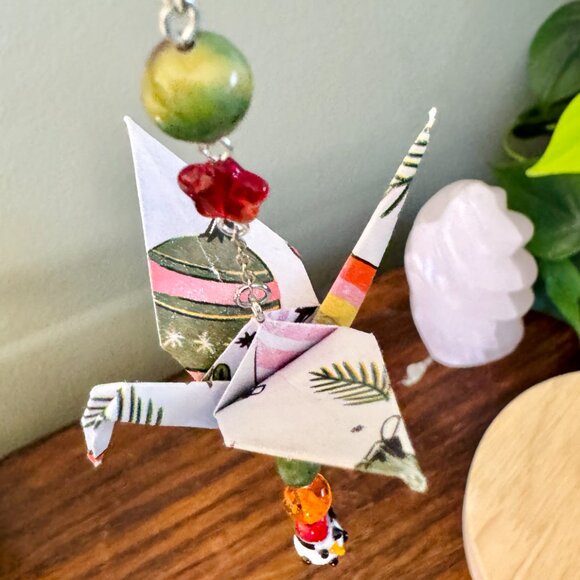 Origami Holiday Ornament #2328 - Small Crane with Lampwork Glass Penguin - Picture 4 of 7